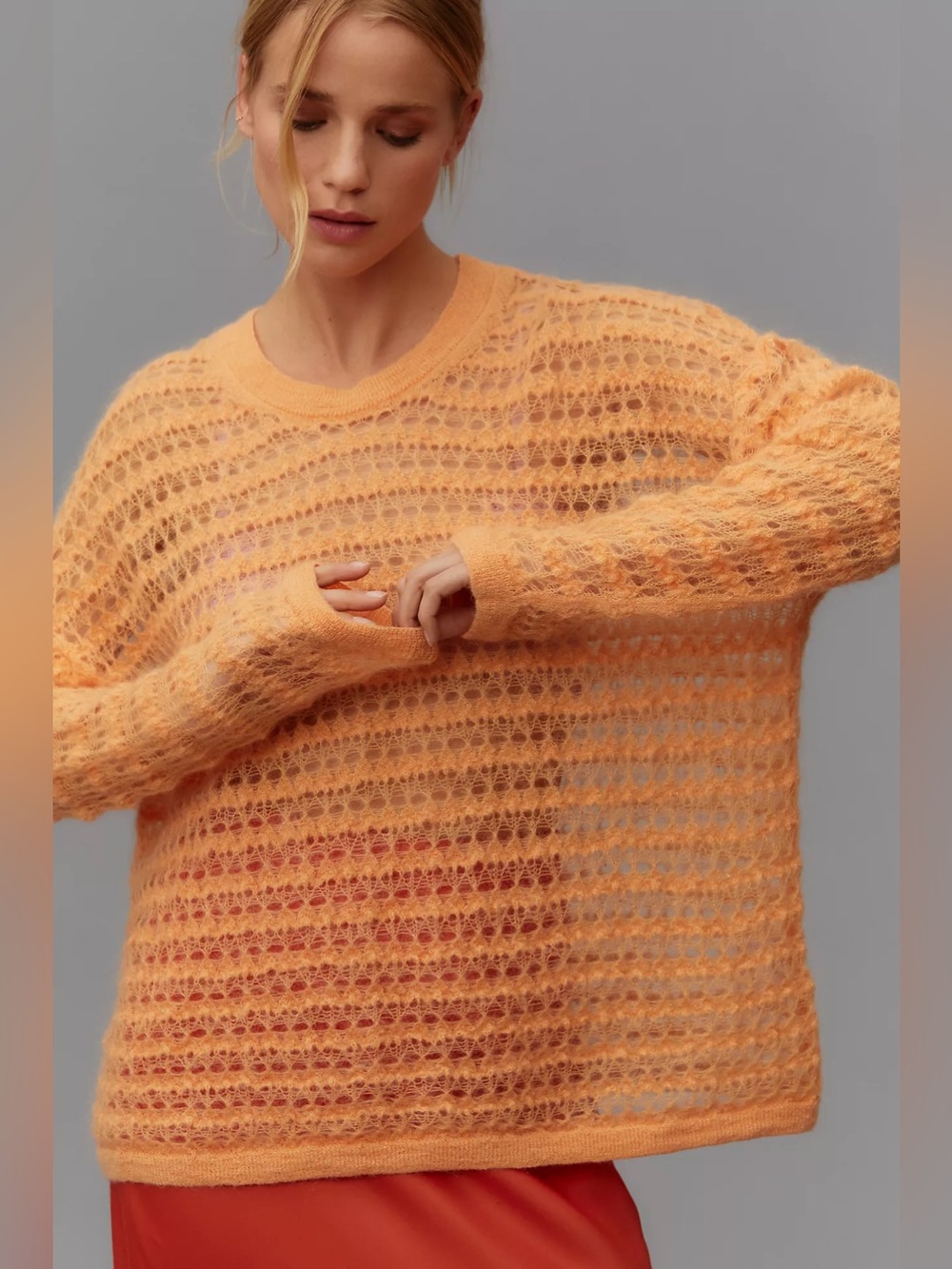 Anthropologie Orange Fuzzy Open Knit Wool Blend Sweater Size Small